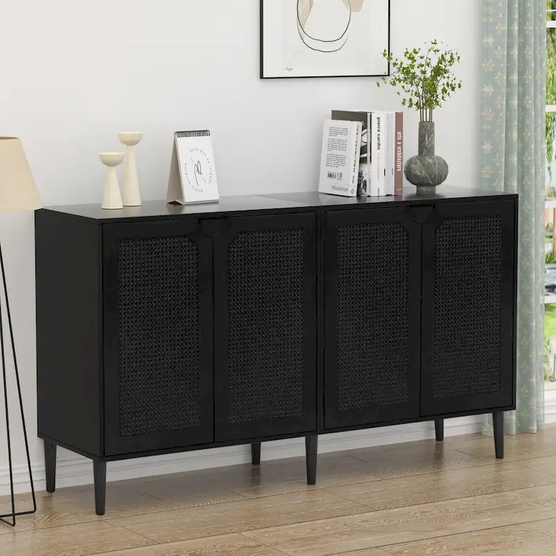 Credenza Nera in Rattan a 4 Ante, Stile Mid-Century Modern, Montaggio per 1 Persona