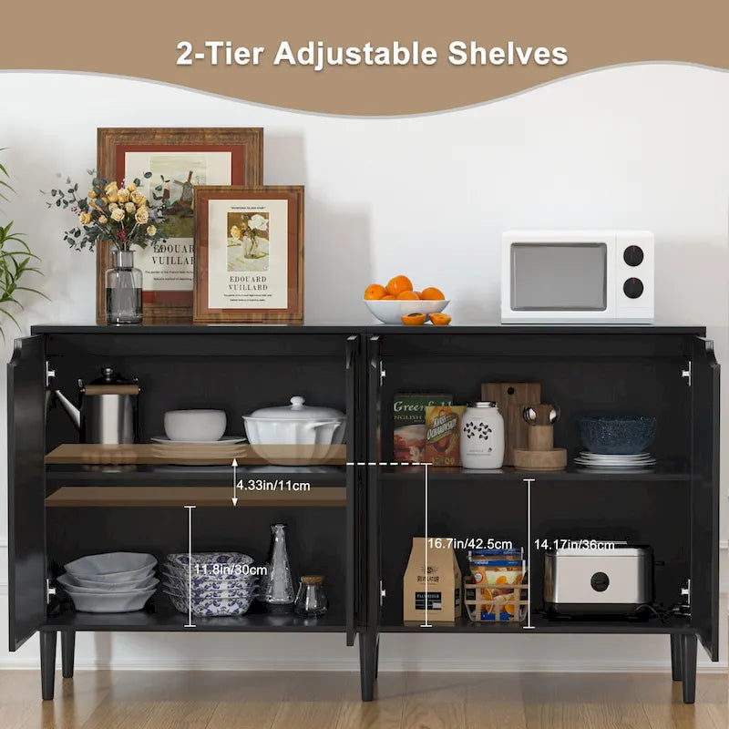 Credenza Nera in Rattan a 4 Ante, Stile Mid-Century Modern, Montaggio per 1 Persona