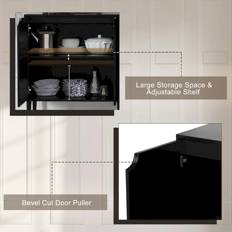 Credenza Nera in Rattan a 4 Ante, Stile Mid-Century Modern, Montaggio per 1 Persona