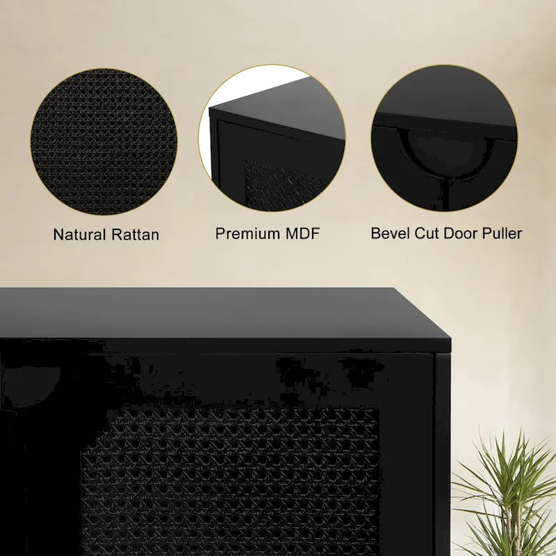 Credenza Nera in Rattan a 4 Ante, Stile Mid-Century Modern, Montaggio per 1 Persona