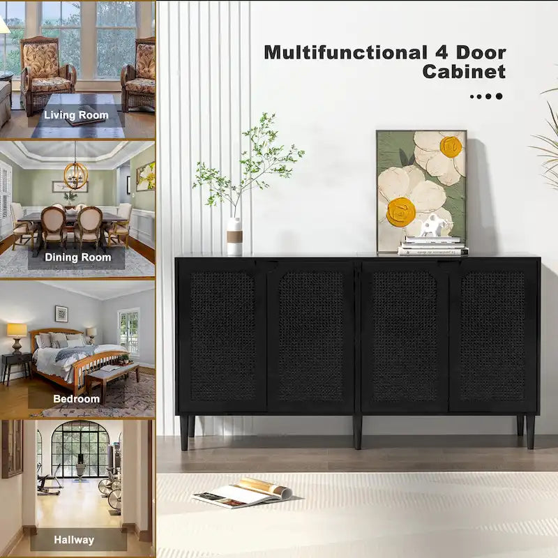 Credenza Nera in Rattan a 4 Ante, Stile Mid-Century Modern, Montaggio per 1 Persona