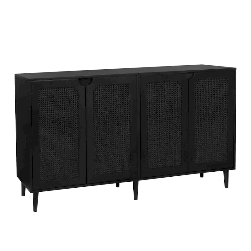 Credenza Nera in Rattan a 4 Ante, Stile Mid-Century Modern, Montaggio per 1 Persona