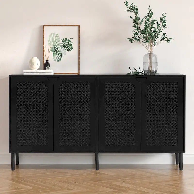 Credenza Nera in Rattan a 4 Ante, Stile Mid-Century Modern, Montaggio per 1 Persona