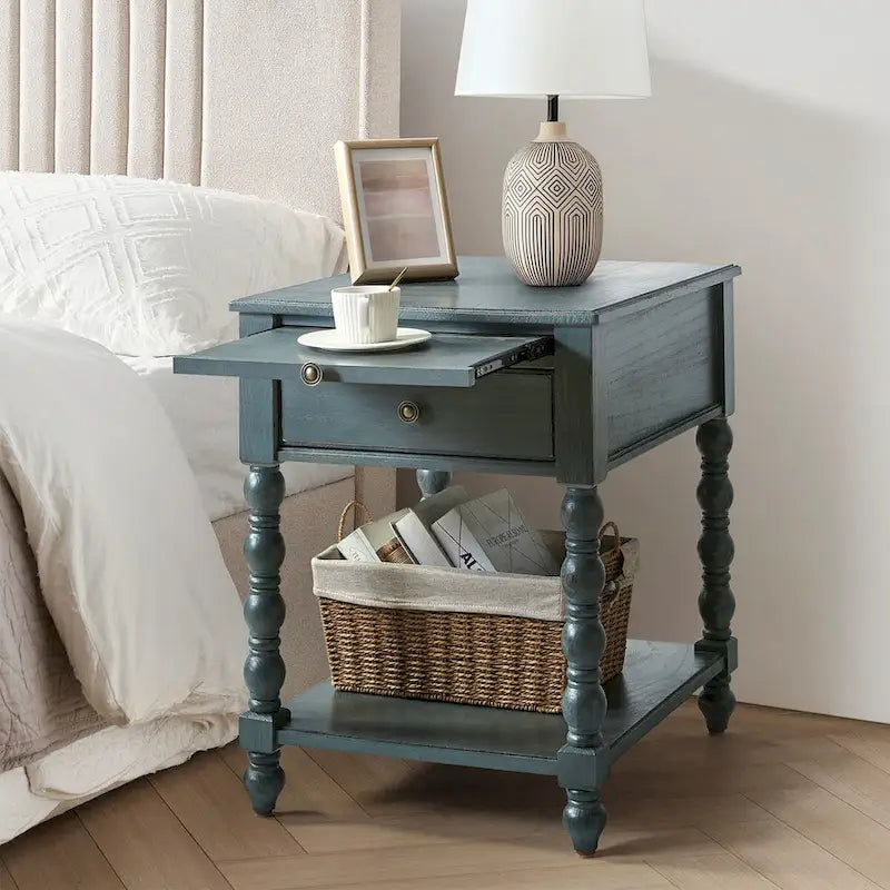Tavolino tradizionale in legno massello blu / noce / antracite con USB e prese – 1 persona