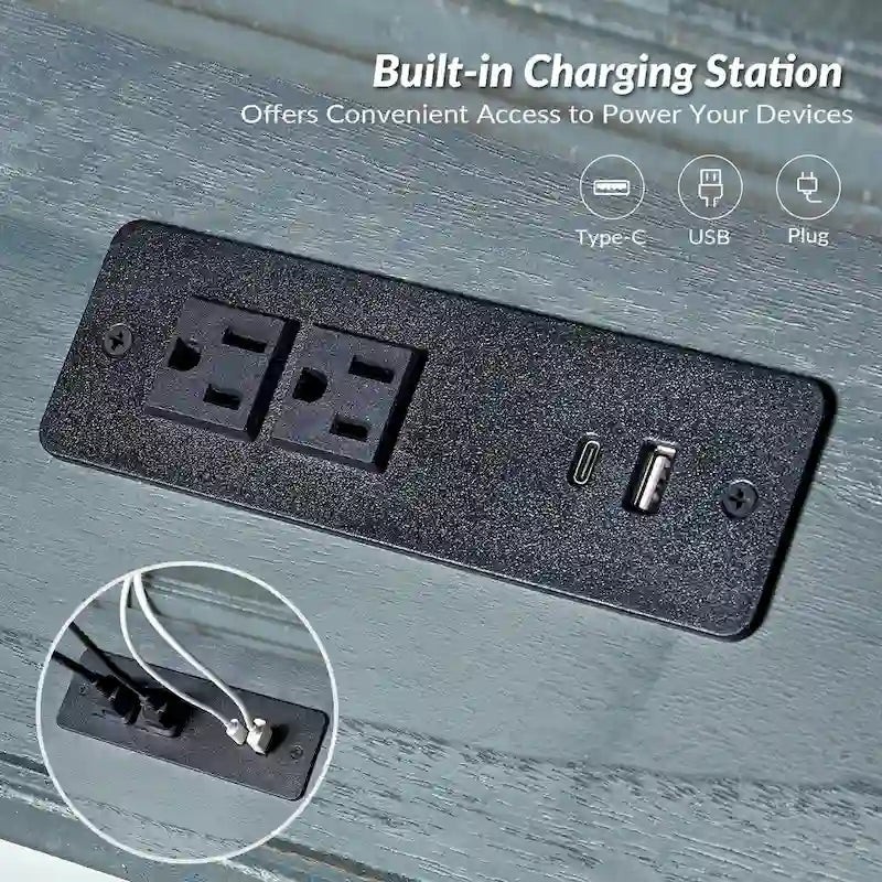Tavolino tradizionale in legno massello blu / noce / antracite con USB e prese – 1 persona