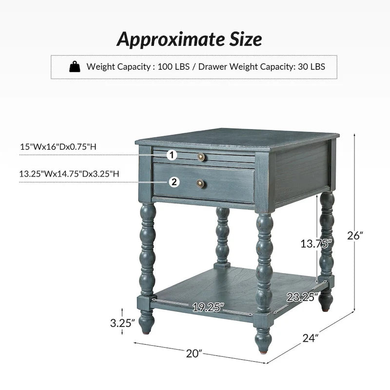 Tavolino tradizionale in legno massello blu / noce / antracite con USB e prese – 1 persona