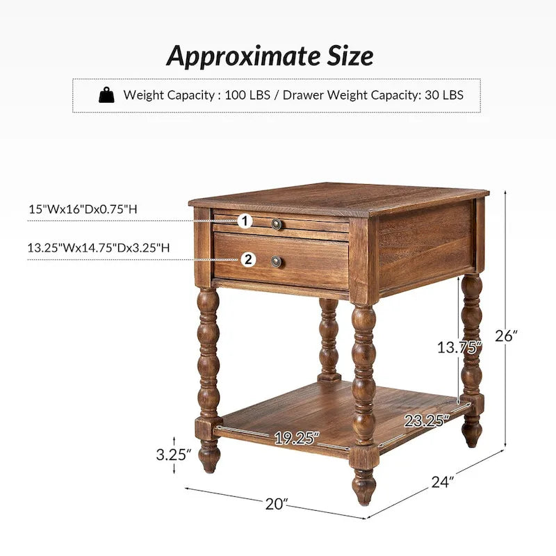 Tavolino tradizionale in legno massello blu / noce / antracite con USB e prese – 1 persona