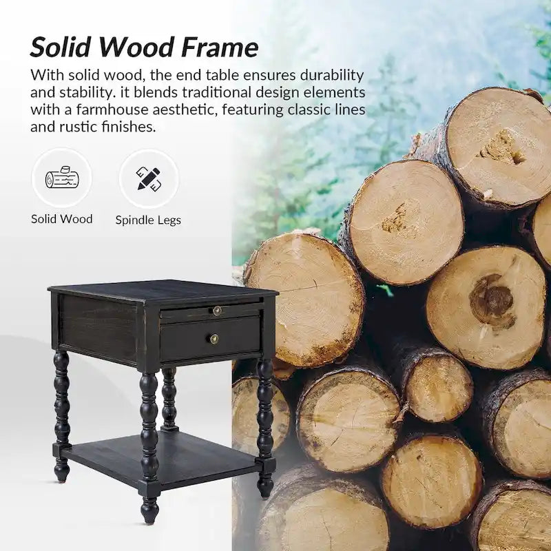 Tavolino tradizionale in legno massello blu / noce / antracite con USB e prese – 1 persona